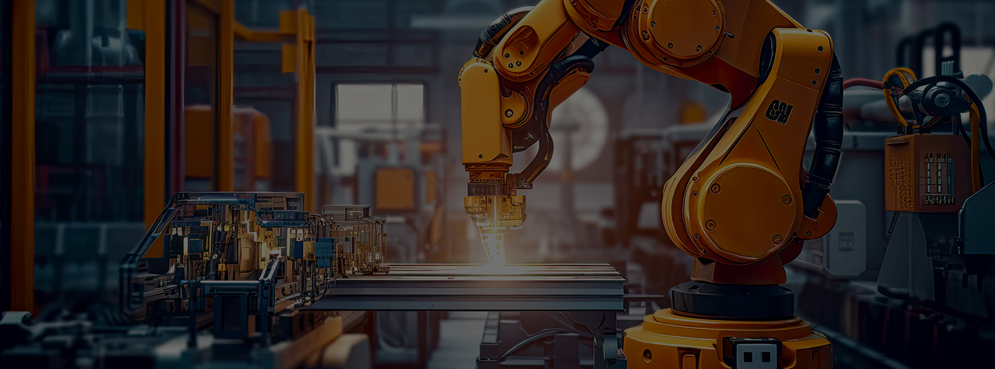 Industrial robot works automatically in smart autonomous factory.