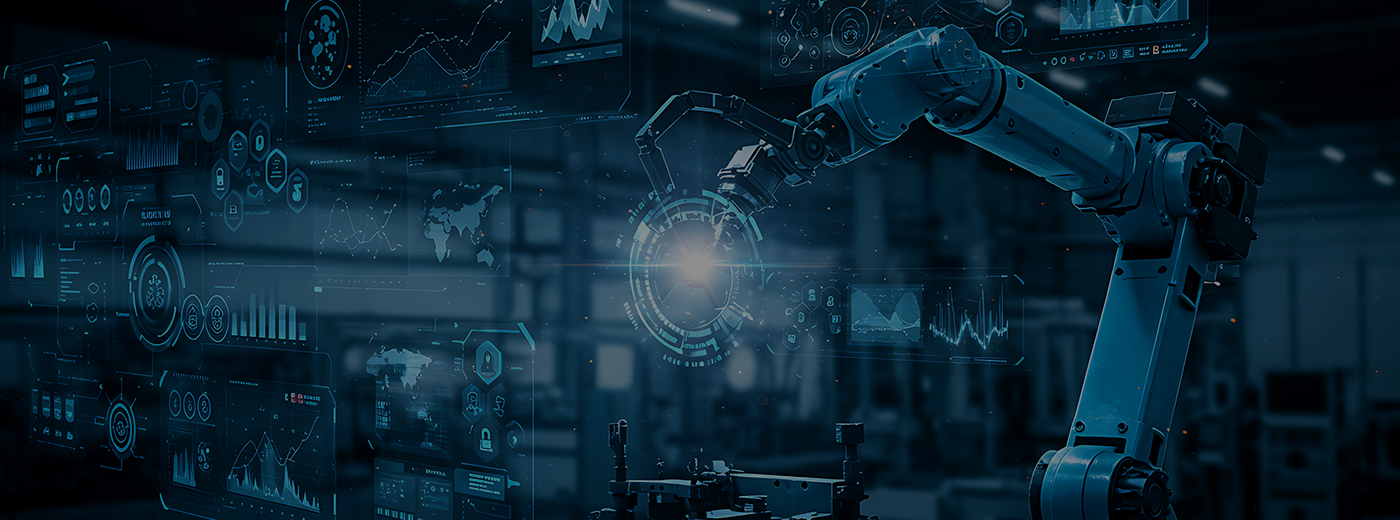 Advanced Manufacturing: Robot Arm with HUD Display in Modern Factory
