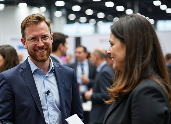 A man and a woman having a conversation in the expo floor 